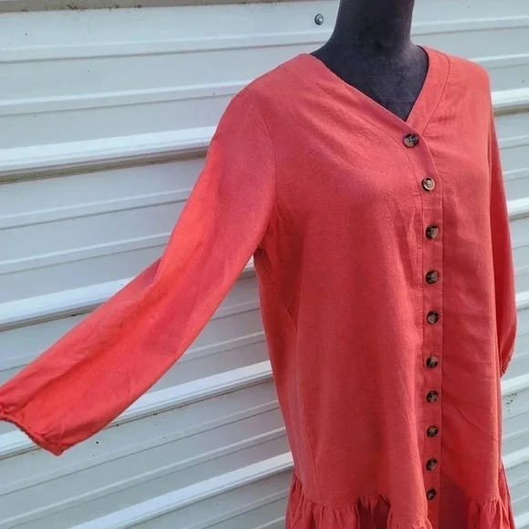 Chelsea & Theodore Dress PL Petite Women's Red Linen Blend Button Front Long Sle - Picture 7 of 9